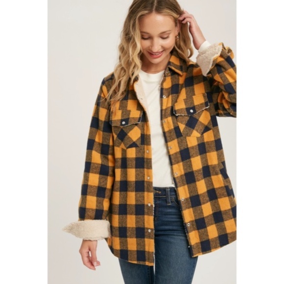 SOLD OUT Mustard Buffalo Plaid Sherpa Lined Shacket Shirt Jacket - Picture 3 of 6